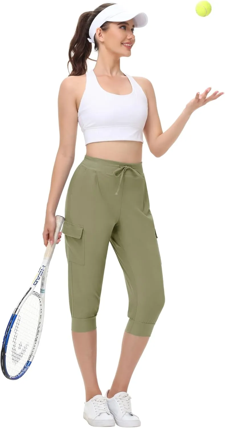 Womens Capri Cargo Joggers Pull on Capris Pants Crop Cropped Golf Pants with Pockets and Drawstring
