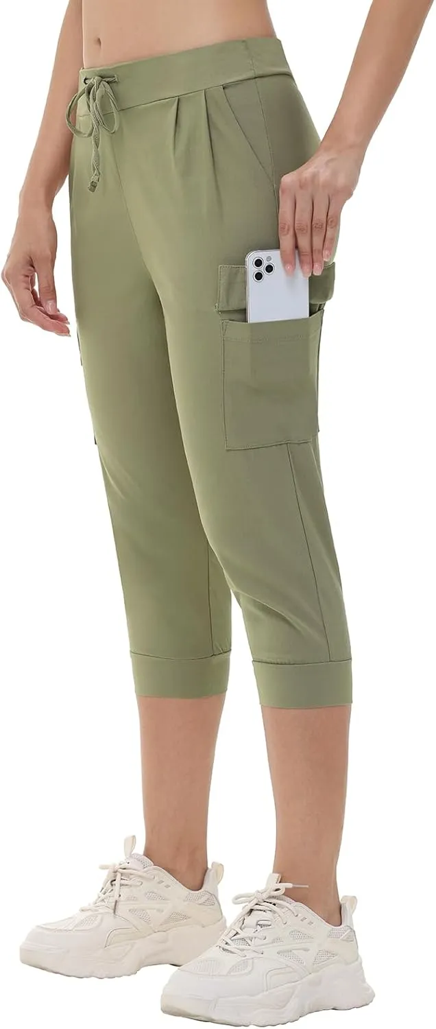 Womens Capri Cargo Joggers Pull on Capris Pants Crop Cropped Golf Pants with Pockets and Drawstring