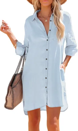 Women's Chambray Button Down Shirt Dresses with Pockets Denim Cotton Button Up Tunics Long Sleeve Solid Blouse Tops
