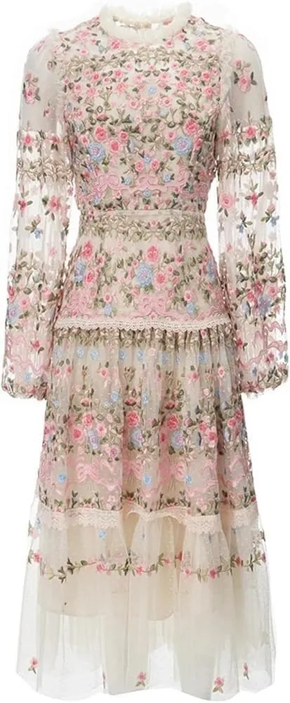 Women's Floral Tulle Dress Hollow Out Embroidery High Waist A-Line Lace Party Dress Crew Neck Splice Detail