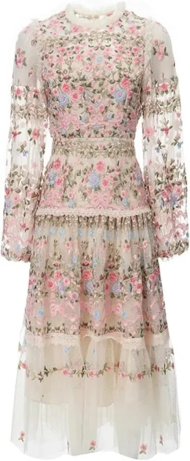 Women's Floral Tulle Dress Hollow Out Embroidery High Waist A-Line Lace Party Dress Crew Neck Splice Detail