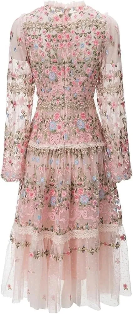 Women's Floral Tulle Dress Hollow Out Embroidery High Waist A-Line Lace Party Dress Crew Neck Splice Detail