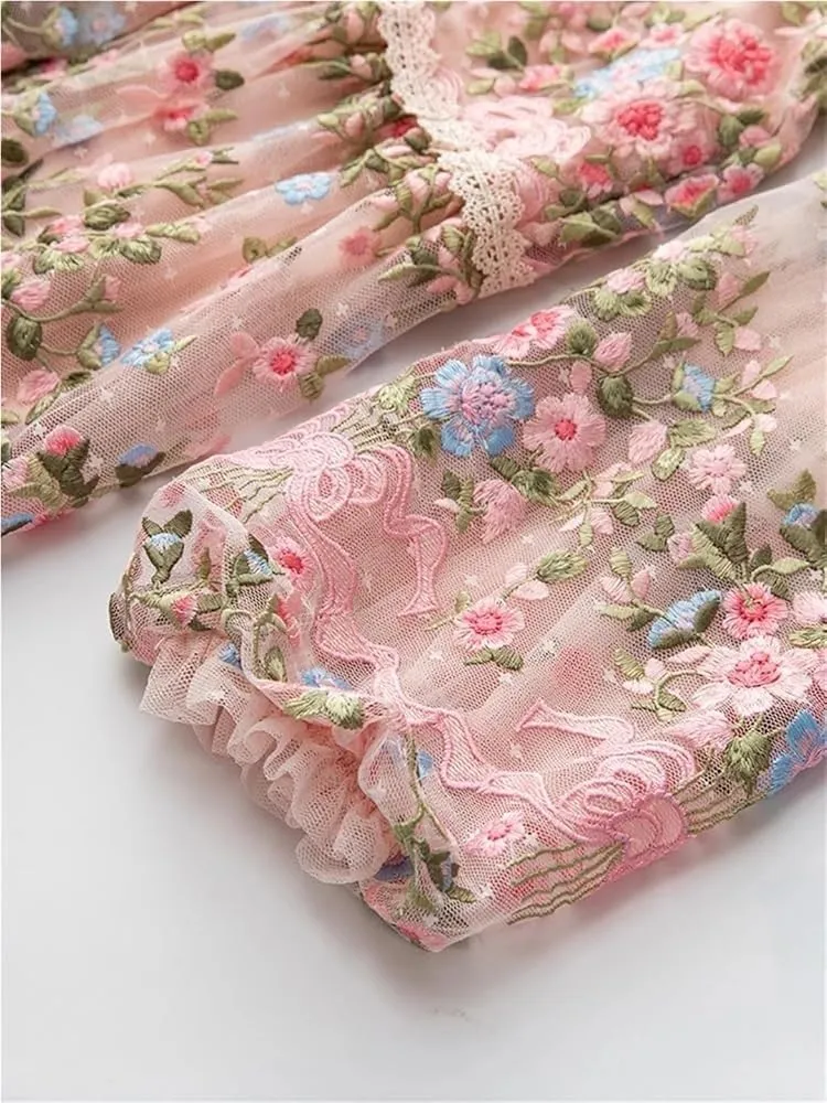 Women's Floral Tulle Dress Hollow Out Embroidery High Waist A-Line Lace Party Dress Crew Neck Splice Detail