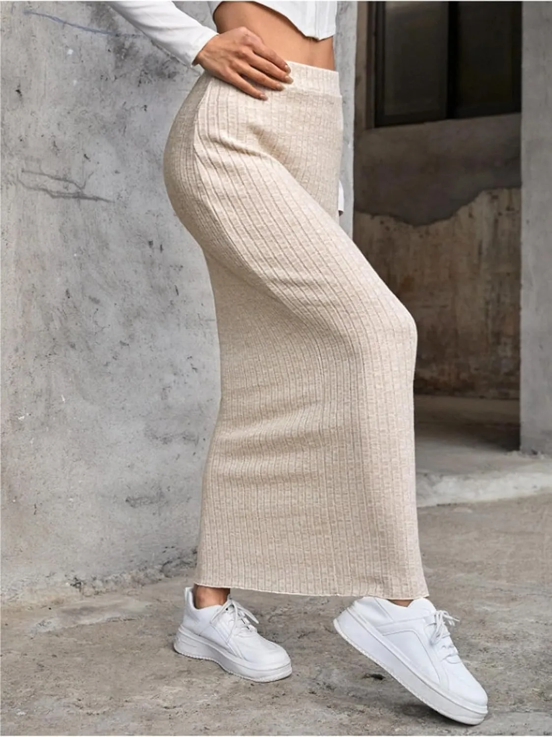 Women's High Waist Rib Knit Pencil Bodycon Long Maxi Skirt Soft and Stretch