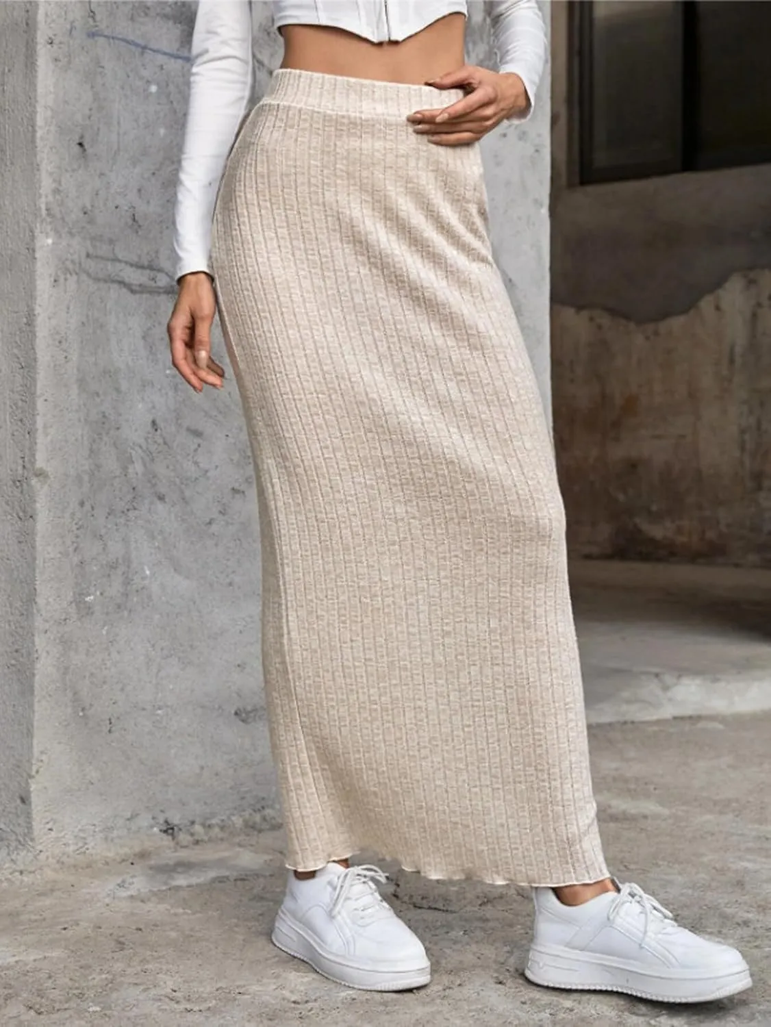 Women's High Waist Rib Knit Pencil Bodycon Long Maxi Skirt Soft and Stretch