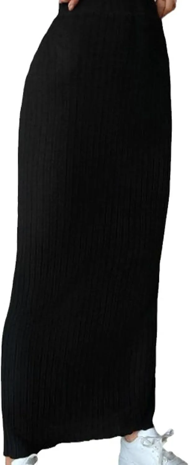 Women's High Waist Rib Knit Pencil Bodycon Long Maxi Skirt Soft and Stretch