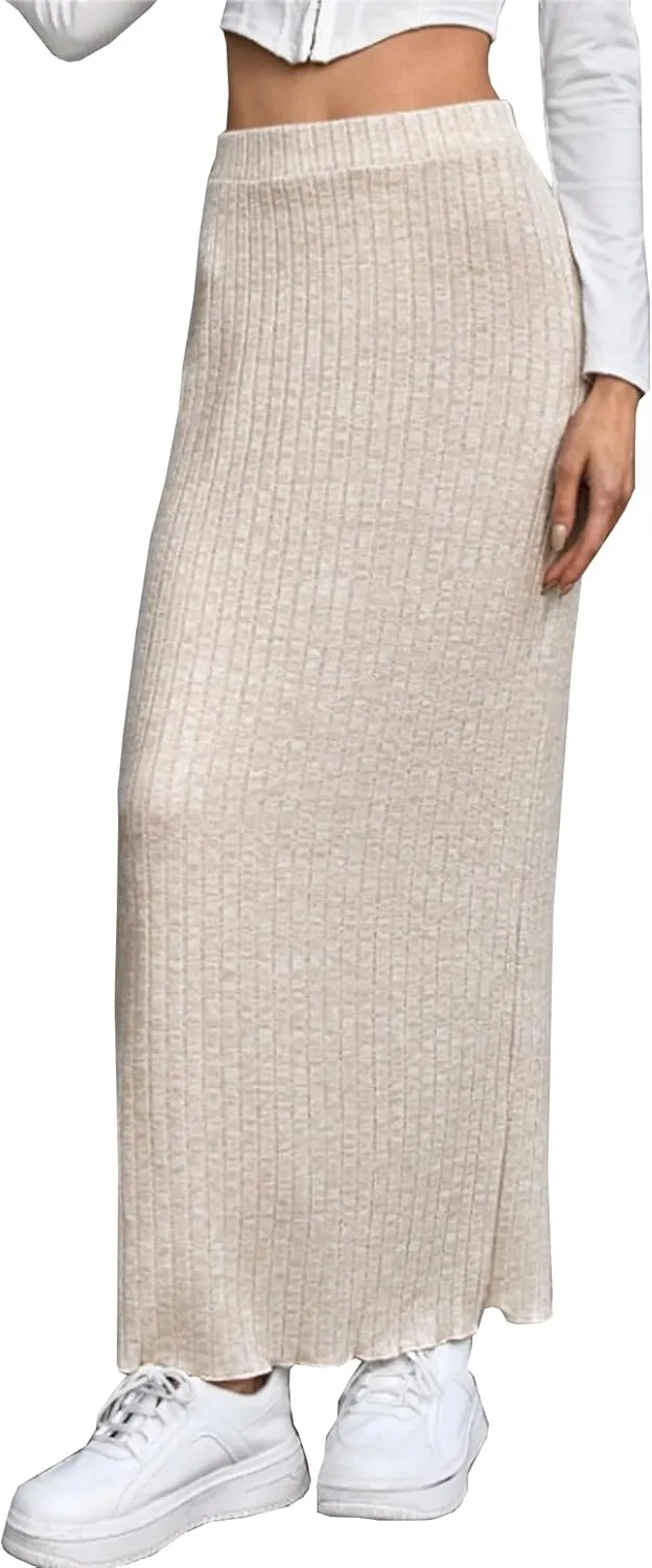 Women's High Waist Rib Knit Pencil Bodycon Long Maxi Skirt Soft and Stretch