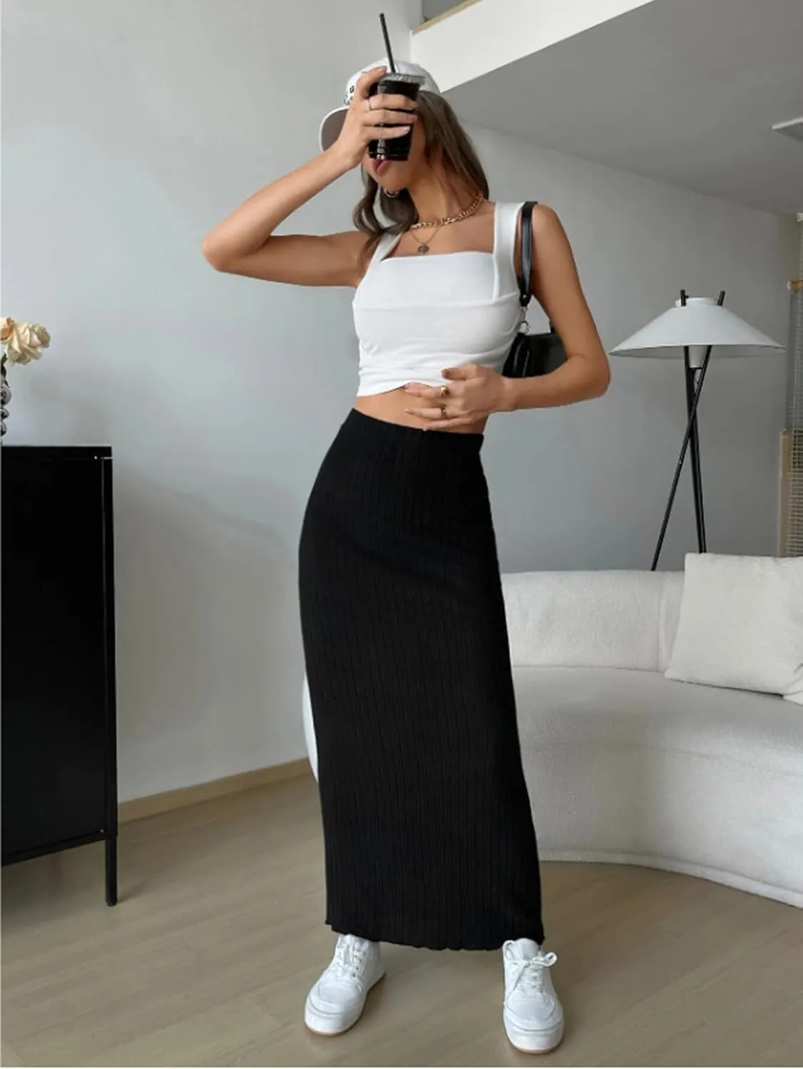 Women's High Waist Rib Knit Pencil Bodycon Long Maxi Skirt Soft and Stretch