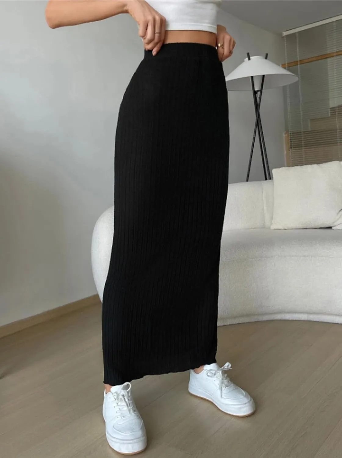 Women's High Waist Rib Knit Pencil Bodycon Long Maxi Skirt Soft and Stretch