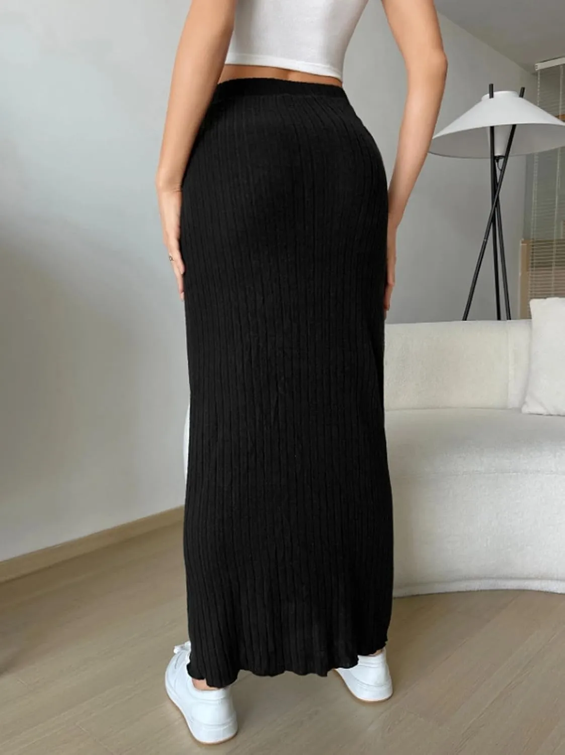 Women's High Waist Rib Knit Pencil Bodycon Long Maxi Skirt Soft and Stretch