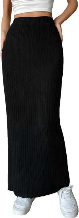 Women's High Waist Rib Knit Pencil Bodycon Long Maxi Skirt Soft and Stretch