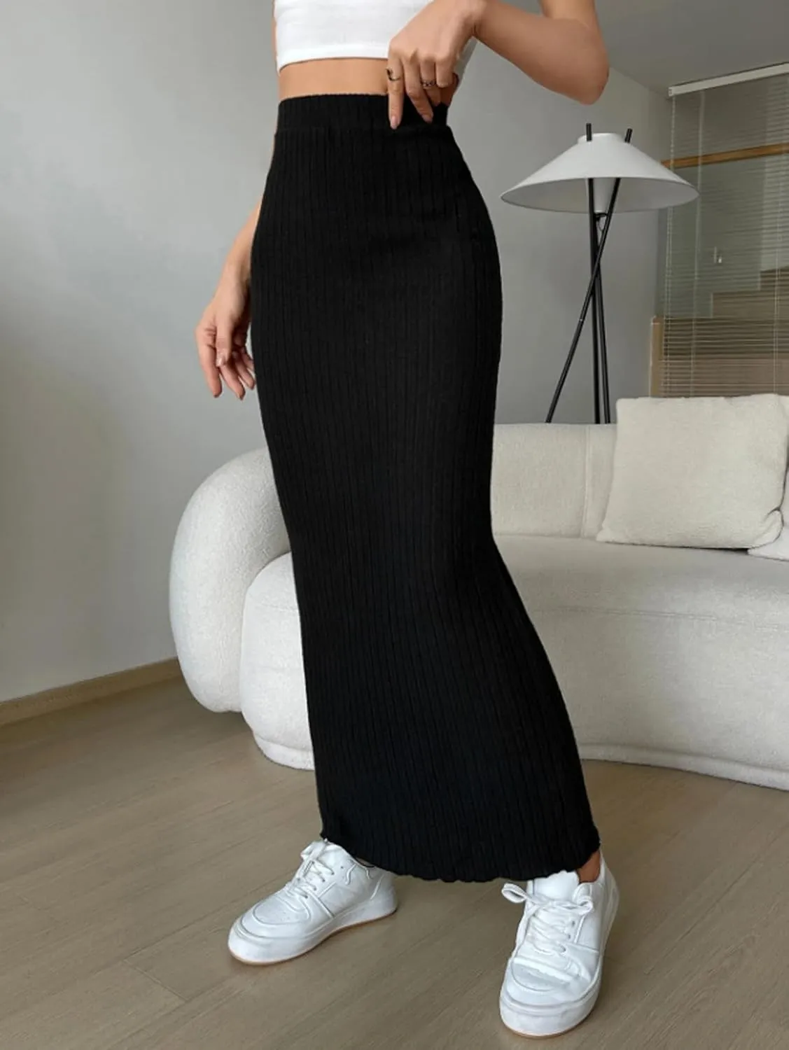 Women's High Waist Rib Knit Pencil Bodycon Long Maxi Skirt Soft and Stretch