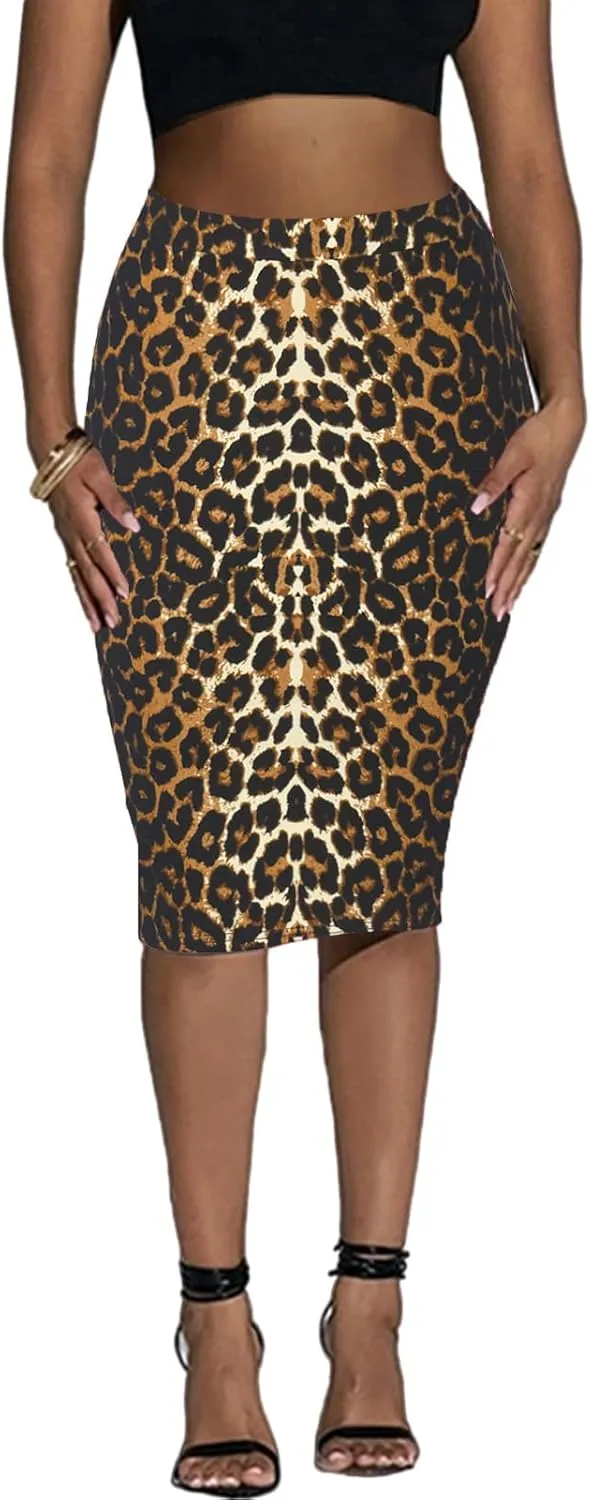 Women's Knee Length Pencil Skirt - High Waisted Leopard Cheetah Print Bodycon Summer Casual Tight Work Skirts