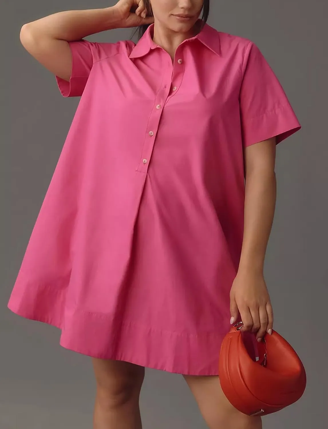 Women's Short Sleeve Swing Tunic Mini Dress Button Up Blouse Shirt Summer Loose Casual Flowy A Line Short Dress