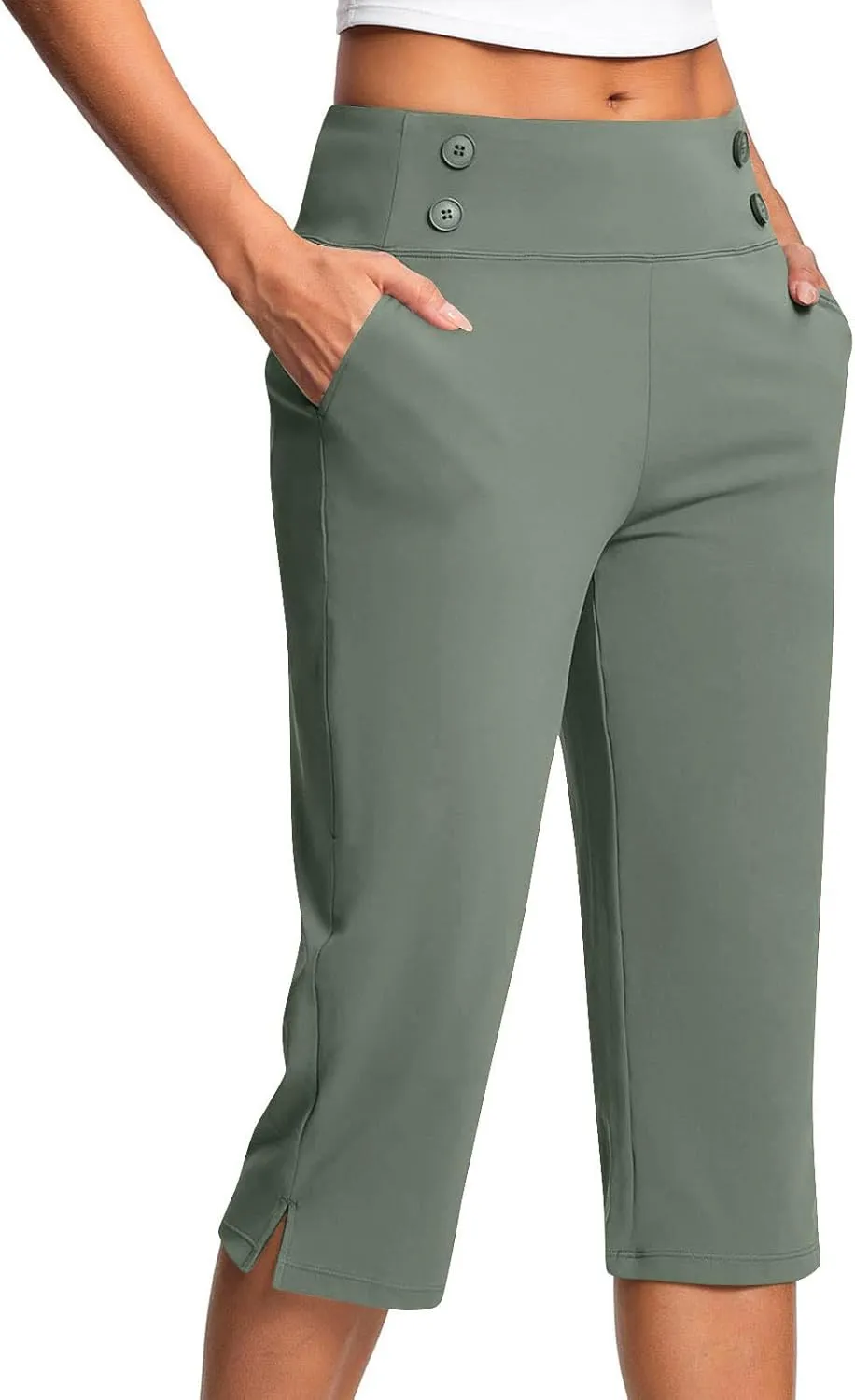 Work Pants for Women Summer High Waisted Stretchy Capris Dressy Casual Golf Capri Pants Pull On Slacks with Pockets