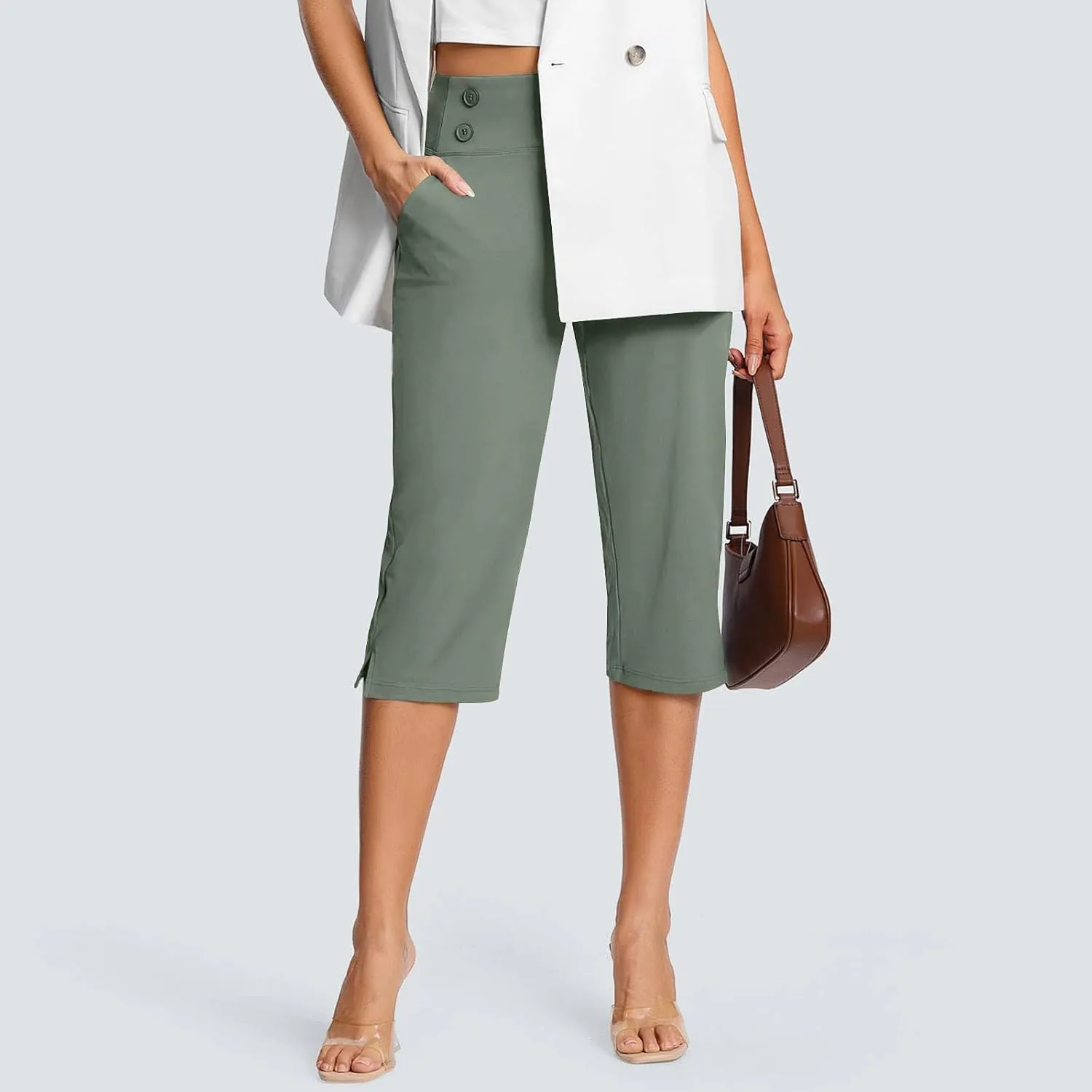 Work Pants for Women Summer High Waisted Stretchy Capris Dressy Casual Golf Capri Pants Pull On Slacks with Pockets