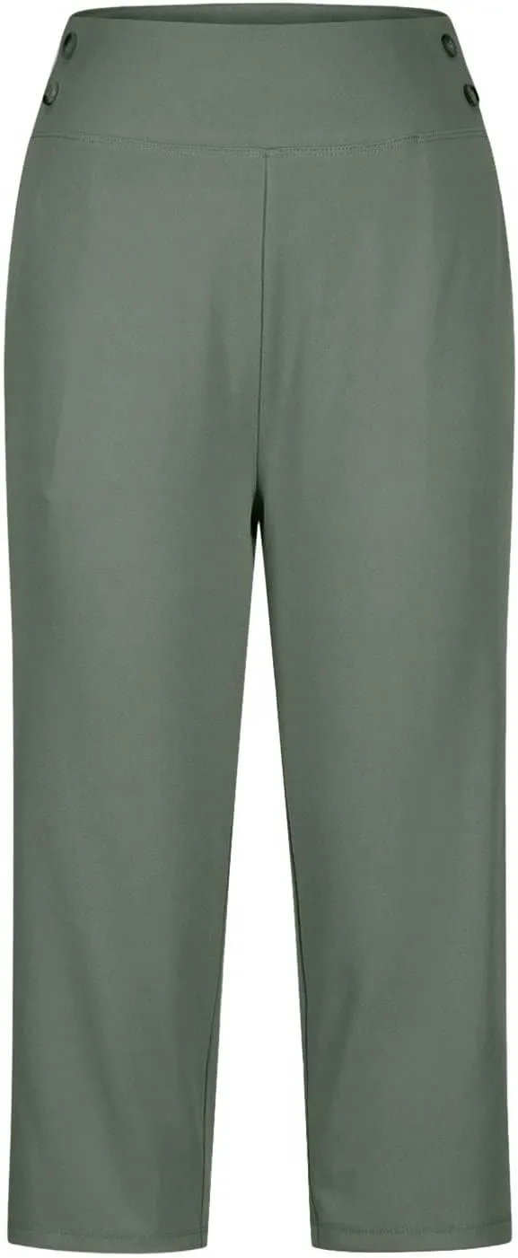 Work Pants for Women Summer High Waisted Stretchy Capris Dressy Casual Golf Capri Pants Pull On Slacks with Pockets