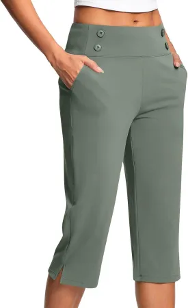 Work Pants for Women Summer High Waisted Stretchy Capris Dressy Casual Golf Capri Pants Pull On Slacks with Pockets