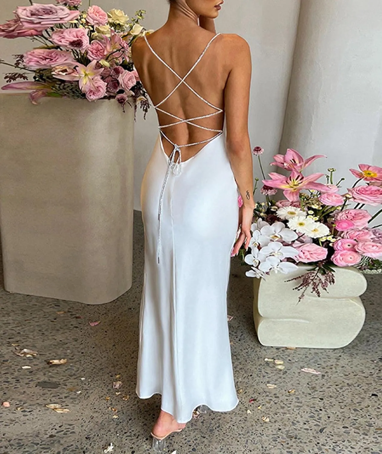 xxxiticat Women's Cowl Neck Maxi Satin Dress Sleeveless Open Back Lace Up Bandage High Split Strappy Wrap Gown Dress