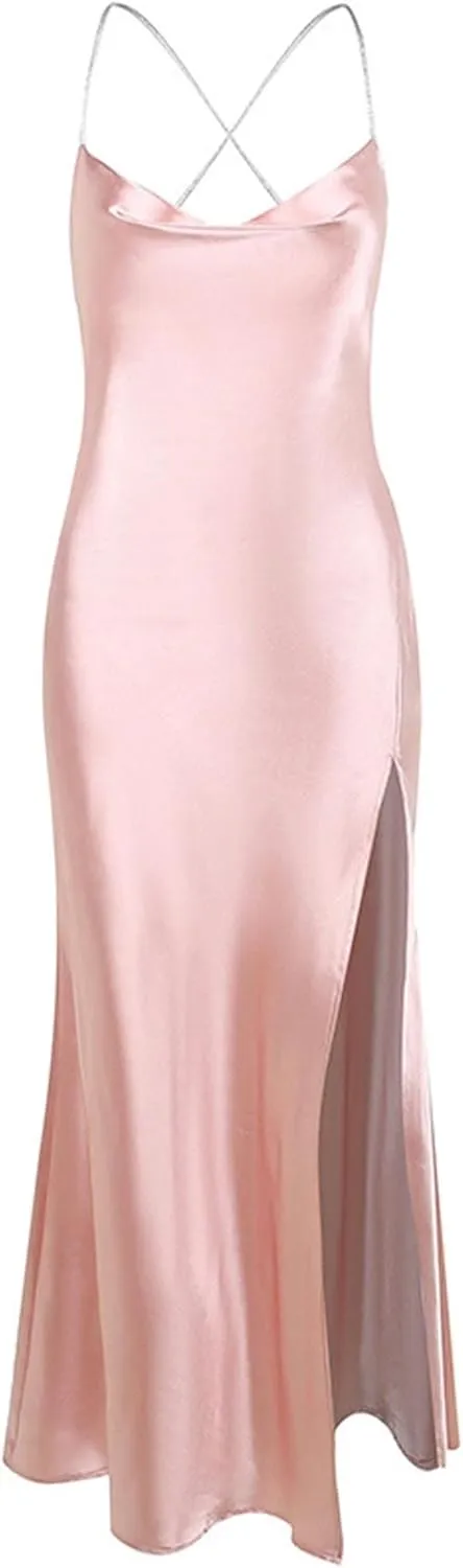 xxxiticat Women's Cowl Neck Maxi Satin Dress Sleeveless Open Back Lace Up Bandage High Split Strappy Wrap Gown Dress