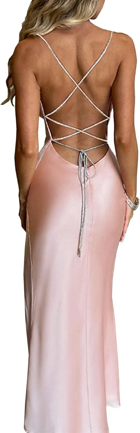 xxxiticat Women's Cowl Neck Maxi Satin Dress Sleeveless Open Back Lace Up Bandage High Split Strappy Wrap Gown Dress