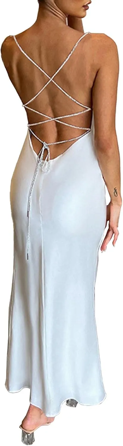 xxxiticat Women's Cowl Neck Maxi Satin Dress Sleeveless Open Back Lace Up Bandage High Split Strappy Wrap Gown Dress
