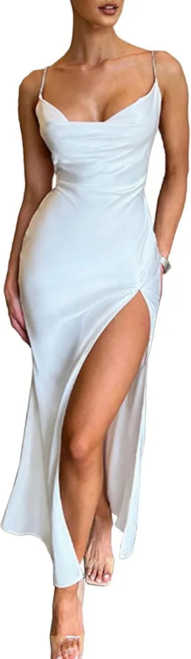 xxxiticat Women's Cowl Neck Maxi Satin Dress Sleeveless Open Back Lace Up Bandage High Split Strappy Wrap Gown Dress