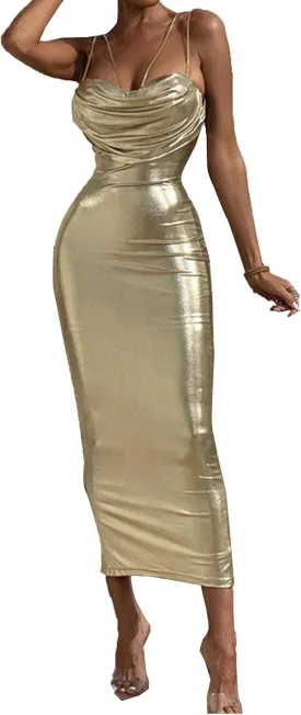 xxxiticat Women's Cowl Neck Maxi Satin Dress Sleeveless Ruched Spaghetti Straps Low Cut Party Bodycon Slip Gown Dress